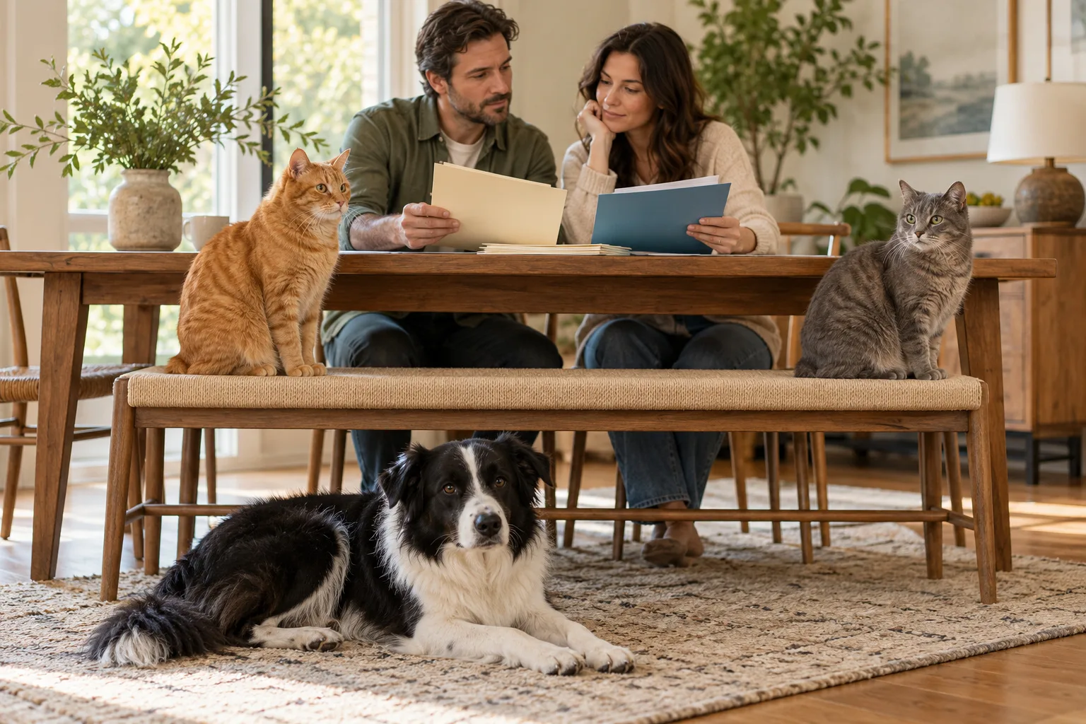 Two people review folders at a table while dogs and cats are nearby